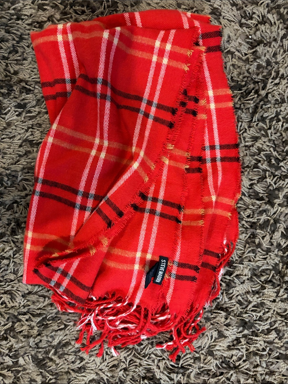 Steve Madden Red Plaid Fringe Scarf